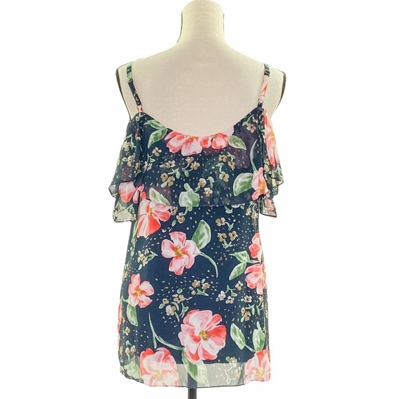 CABI Navy Blue Pink Floral Cold-Shoulder Ruffled Fairy Tale Chiffon Blouse - Picture 2 of 12